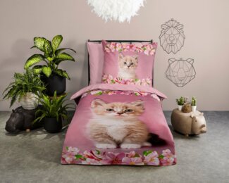 good morning Kinderbettwäsche Century, Renforcé, 2 teilig, Baumwolle, 135x200, Reißverschluss, Wende, Kind, Mädchen, Katze, Rosa
