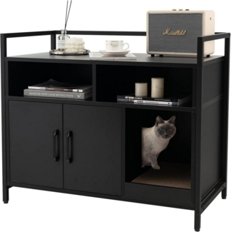 KOMFOTTEU Tierhaus 2 in 1 Katzenschrank Katzentoilette, mit Doppeltüren, Kratzbrett & 2 Fächern