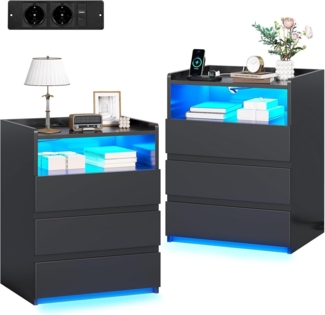 MSMASK Nachttisch mit 3 Schubladen, Steckdosenleiste und LED-Beleuchtung (2-St), Nachtschrank, Beistelltisch, 40x35x60cm
