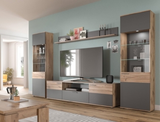 Newroom Wohnwand Elera, Wohnwand Basalt Grau Eiche Schrankwand Anbauwand Industrial Modern.