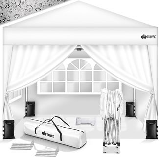 tillvex Pavillon 3x3m Weiß wasserdicht mit 4 Seitenteilen + 4er Set Sandsäcke | Pop-Up Faltpavillon stabil & höhenverstellbar | Gartenzelt UV Schutz 50+ | Partyzelt mit Tasche für Garten