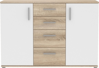 Sideboard >IKOLI< 2 Türen, 4 Schübe, Sonoma Eiche / Weiss - 119,6x81,7x31,4cm (BxHxT)
