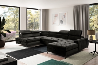 AX LIVING Schwarze Eckcouch mit Schlaffunktion Arkucio U 345cm Breite R