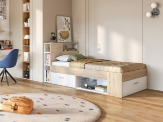 Vente-unique - Bett mit Kopfteil, Stauraum & Schublade - 90 x 190 cm - Weiß & Naturfarben - LEANDRE