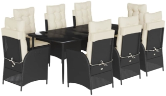 vidaXL 9-tlg. Garten-Essgruppe mit Kissen Schwarz Poly Rattan 3213162