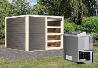 Karibu Saunahaus Cuben Gartensauna 3 Sitzbänke aus Holz in Grau Sauna mit 38 mm Wandstärke Außensauna mit Montagematerial