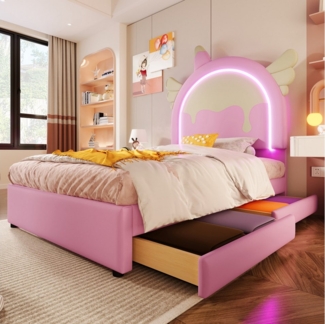 Ulife Kinderbett Polsterbett mit Einhorn-Design & LED-Leuchtleiste, 2 Schubladen (Ohne Matratze), 90x200cm