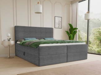 Boxspringbett Mollo mit 2 Bettkästen, Doppelbett mit Bonell-Matratze und Topper, Polsterbett in weichem Cordstoff, Bett, Bettgestell für Schlafzimmer (Graphit (Tilia 90), 180x200 cm)