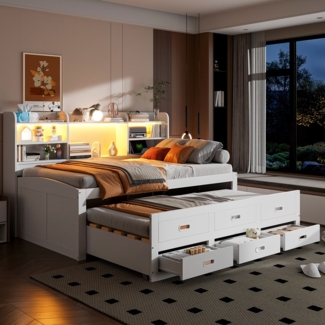 Tagesbett, Schlafsofa mit LED-Fernbedienung, 3 Schubladen, USB & Type-C, MDF, Weiß, 90×200 cm