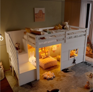 Flieks Hochbett Fenster-Form Kinderbett Holzbett 90x200cm mit LED und Stauraumtreppe