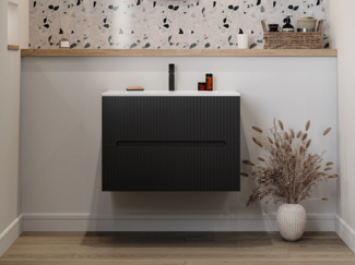 Vente-unique - Waschbeckenunterschrank hängend mit Einbauwaschbecken - 80 cm - Schwarz gerippt - PAVANI