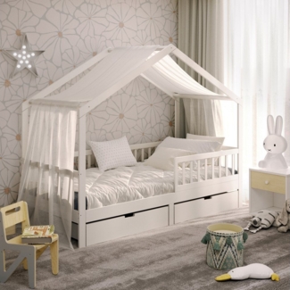 CADANI Kinderbett Hausbett Davi (Rausfallschutz abnehmbar), Bodenbett Hausbett mit Roll-Lattenrost