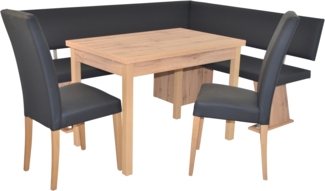 Moderne Eckbankgruppe in Eichedekor, Schenkel 182x150 cm, Auszugstisch, Kunstleder schwarz