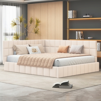 Merax Polsterbett Schlafsofa 160*200 Multifunktionsbett mit Lattenrost aus hautsympathischem Samtstoff Beige