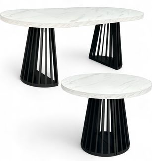 Ausziehbarer Esstisch RO-7 Ø100/200 cm mit Lamellen-Gestell – Schwarz/Marmor Weiß
