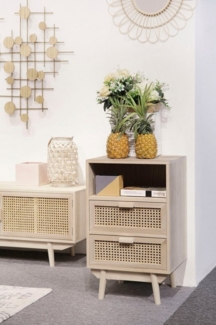 Kommode 42 x 36 cm MDF Paulownia Holzfurnier und Rattanfront mit 2 Schubladen