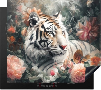 MuchoWow Herd-Abdeckplatte Tiger - Wildtiere - Blumen - Dschungel, Vinyl, (1 tlg), Küche Herdabdeckplatte Ceranfeld Vinyl Einteilig, 59x52 cm
