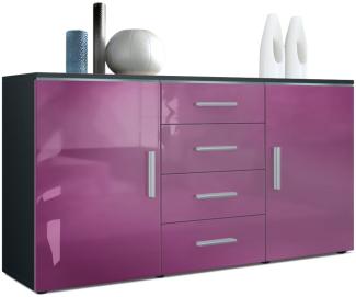 Sideboard Kommode Faro, Korpus in Schwarz matt / Front in Brombeer Hochglanz (139 x 72 x 35)