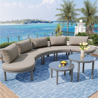MODFU Sofa Outdoor Garten-Lounge-Set,mit verzinktem Eisengestell, Gartenmöbel-Set 5-Sitzer mit 2 Couchtischen, gehärtetes Glas, verstellbare Füße, ergonomisches Design – Robuster Eisenrahmen, ideal für Garten, Terrasse & Balkon – Komfortable Sitzpolste...