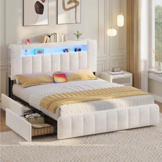 MSMASK Polsterbett Doppelbett mit LED-Beleuchtung und Ladestation, ohne Matratze (Kopfteil, Schublade, Steckdose), 140x200 cm,Beige