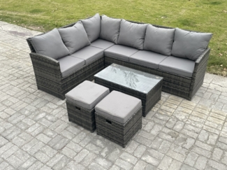 Fimous Gartenmöbel-Set aus Rattan mit Rechteckiger Couchtisch 2 kleine Fußhockern Dunkelgrau gemischt