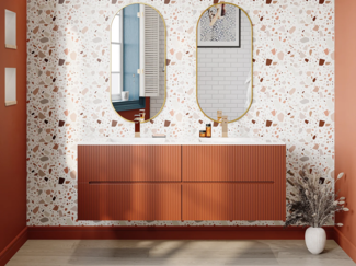 Vente-unique - Waschbeckenunterschrank hängend - Terracotta gerippt - 150 cm - PAVANI