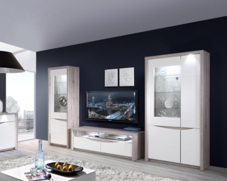 Wohnwand Anbauwand 3-teilig sandeiche / weiß Hochglanz inkl. Beleuchtung