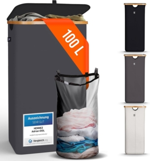 HENNEZ Wäschekorb mit Griff aus Bambus, 100 l – Wäschekorb mit Deckel, Dunkelgrau