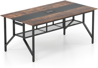 180 cm Konferenztisch rechteckiger Besprechungstisch mit Mesh-Ablagefach & Kabeldurchführung Rustikales Braun