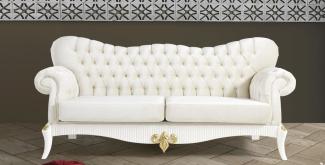 Casa Padrino Barock Sofa Creme / Weiß / Gold 224 x 83 x H. 112 cm - Wohnzimmer Sofa mit Glitzersteinen - Edle Barock Möbel