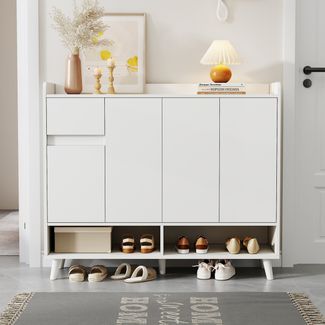 Merax Schuhschrank, Sideboard, mit großem Stauraum, 4 Türen und 1 Schubladen mit einem verstellbaren Regal, Weiß