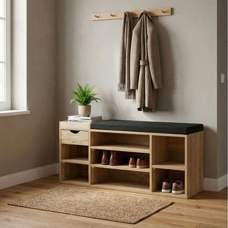 FINEBUY Schuhbank FB78603 Garderobenbank Braun 100cm Flurbank Sitzbank Schuhregal Flur (Ordnung und Sitzkomfort für deinen Eingangsbereich), Flexible Ablagen und Schublade clever kombiniert