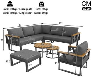 Celya Gartenlounge-Set Modulare Outdoor-Sitzgruppe mit verstellbaren Füßen, (freie Kombination für Terrasse, Balkon, Poolbereich, Grau), robuste Metallbasis, 9cm dicken Kissen und 2er-Set Holztischen