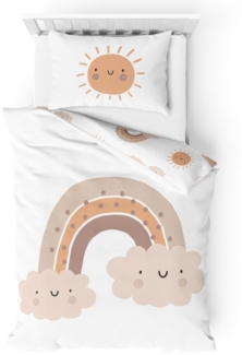 MTOnlinehandel Babybettwäsche Little Sunrise Biber/ Flanell in 100x135 + 40x60 cm, Boho, 100% Baumwolle, 2 teilig, Winterbettwäsche kuschelig und weich, Regenbögen und Sonne, weiß
