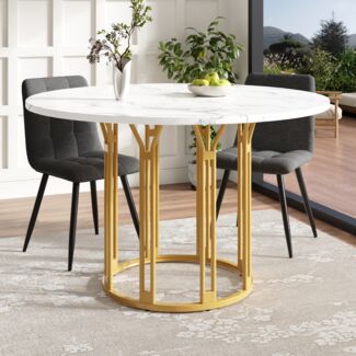 Esstischgruppe H 74 x T 100 x B 100 cm mit MDF-Marmoroptik & Metallgestell in Gold, mit 4 Stühlen,weiß und glod und grau