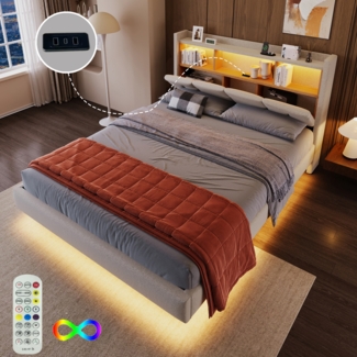 Merax Polsterbett, 140*200cm , ferngesteuerte Ambiente-Lichtleiste unter dem Bett, mit Flip-Top-Ablage, Kopfteil mit Ablage, usb+type-c, ohne Matratze, Beige