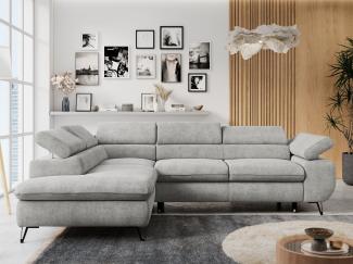 Ecksofa mit Bettfunktion, Modern Sofa, L-form, Einstellbare Kopfstützen, Bettkasten, PETER, 1x Ecksofa, 1x Topper, Hellgrau, Stoff, links