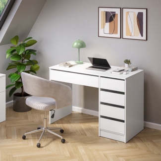 Bellamio 'Nore' Schreibtisch mit 5 Schubladen, beidseitig montierbar, weiß, 75x53x110 cm, Computertisch mit Stauraum