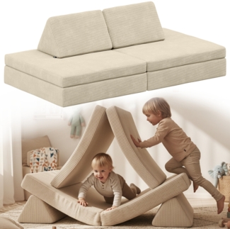 Bellabino 'Nile' Spielsofa, 4-tlg, Cord, beige, faltbare Kindercouch, abnehmbarer & waschbarer Bezug, Kindersofa aus Schaumstoff