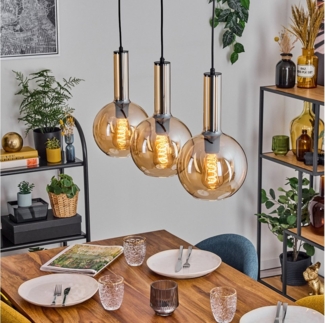 hofstein Hängeleuchte Hängelampe aus Metall/Glas in Schwarz/Bernsteinfarben, ohne Leuchtmittel, Hängeleuchte im modernen Retro/Vintage-Design (20 cm), 3 x E27