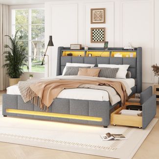 Polsterbett 140x200 cm mit LED-Beleuchtung & USB-Anschluss, Stauraumbett mit Kopfteil-Fächern & 2 Schubladen, Stoffbett in Grau