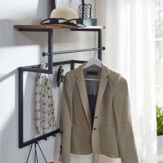 FINEBUY Wandgarderobe FB76168 (Mango Massivholz Metall 60x76x26 cm mit Ablage), Garderobe Wand Holz, Flurgarderobe Modern