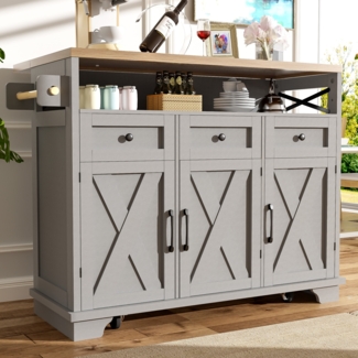 Kücheninsel 118x43-80x98cm mit mobiler Servierwagen mit 360° Rollen, Handtuchhalter und X-förmigem Eisendekor