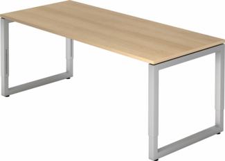 bümö höhenverstellbarer Schreibtisch R-Serie 180x80 cm in Eiche, Gestell in Silber - großer PC Tisch für's Büro manuell höhenverstellbar, Computertisch verstellbar, RS-19-E-S