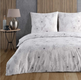 Buymax Bettwäsche Larissa, Renforce: 100% Baumwolle, 3 teilig, 200x200 cm mit Reißverschluss Bettbezug-Set geblümt Blumen, Weiß Grau