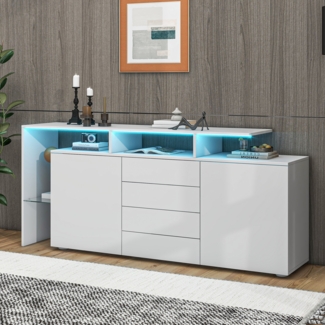 Kommode, Sideboard mit LED, Wohnzimmermöbel in Weiß Hochglanz, Wohnzimmerschrank, Standschrank, TV-Schrank, Wohnzimmerwand, Highboard, Mehrzweckschrank, LED-Vitrine, Buffetschrank, Esszimmer