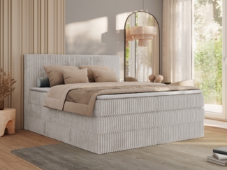 Boxspringbett, Doppelbett mit zwei Bettkästen und Multipocket-Matratze, Cord Bett - TILIANO KING - 140 x 200 cm - Hellgrau Cord - H4