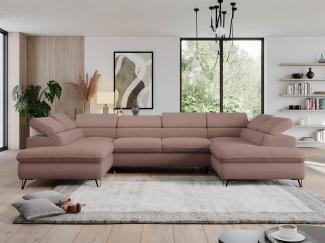 Ecksofa mit Schlaffunktion und verstellbaren Kopfstützen, große U-förmige Ecke - PEDRO U - Rosa Boucle - Topper T25