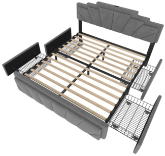 BlingBin Polsterbett Stauraumbett Funktionsbett Jugendbett (einzigartigem trapezförmigem Kopfteil, 1-tlg, mit integrierter LED-Lichtleiste,USB Type-C Anschluss, 4 Schubladen), 160x200CM Elegantes Design,Matratze nicht dabei