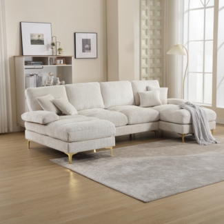 Flieks U-Form Sofa, großes Chenille-Sektionssofa für 4-6 Personen, inklusive Rückenkissen und Wurfkissen, Beige